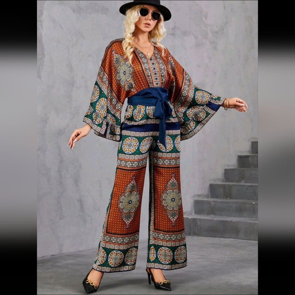 Shein Geo Print Batwing Sleeve Belted Small Jumpsuit